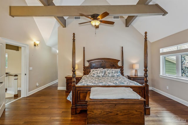 bedroom featuring ceiling fan, beamed ceiling, dark hardwood / wood-style floors, and high vaulted ceiling