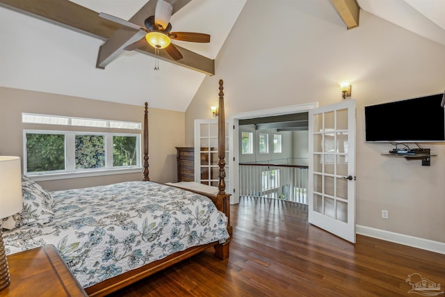 bedroom featuring ceiling fan, beam ceiling, dark wood-type flooring, and high vaulted ceiling