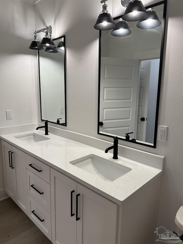 full bath featuring wood finished floors, a sink, and double vanity