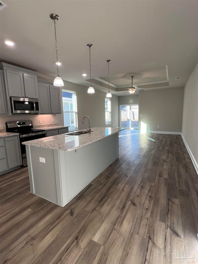 kitchen featuring sink, light stone counters, a raised ceiling, an island with sink, and stainless steel appliances