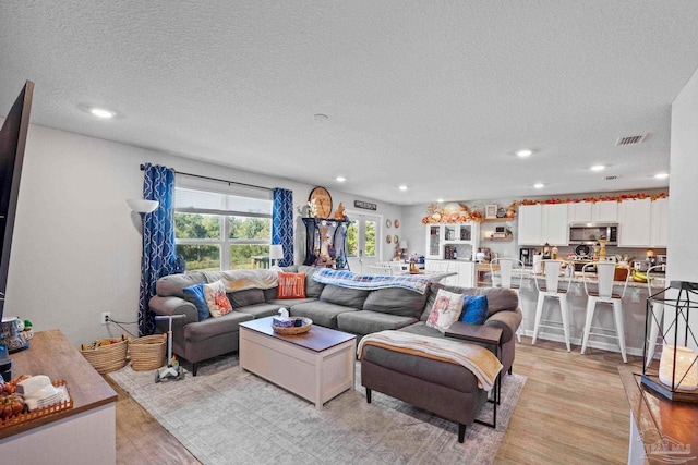 living room with a textured ceiling and light wood-type flooring