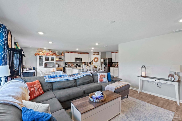 living room with a textured ceiling and light hardwood / wood-style floors