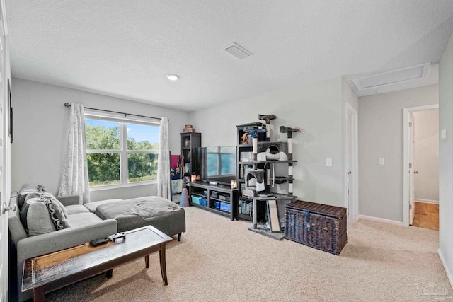 carpeted living room featuring a textured ceiling