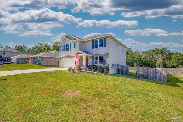 view of front of property featuring a front lawn and a garage