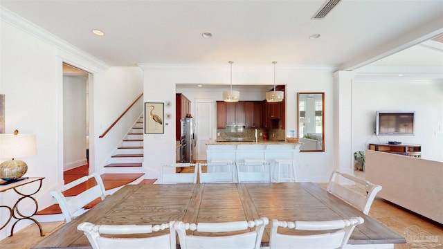 dining room featuring crown molding, visible vents, recessed lighting, stairway, and baseboards