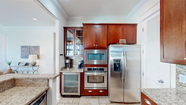 kitchen with crown molding, backsplash, glass insert cabinets, and stainless steel appliances