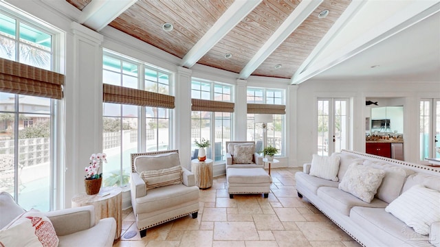 sunroom / solarium with french doors and beam ceiling