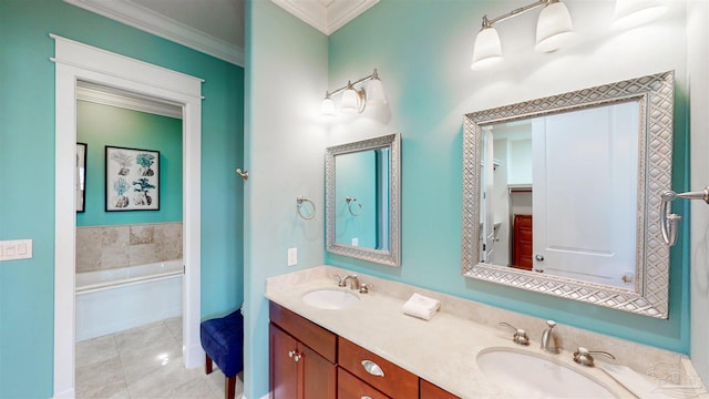 bathroom with tile patterned flooring, double vanity, a sink, and ornamental molding