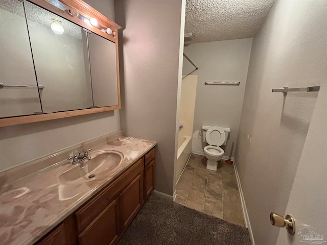 bathroom featuring toilet, a textured ceiling, shower / tub combination, vanity, and baseboards