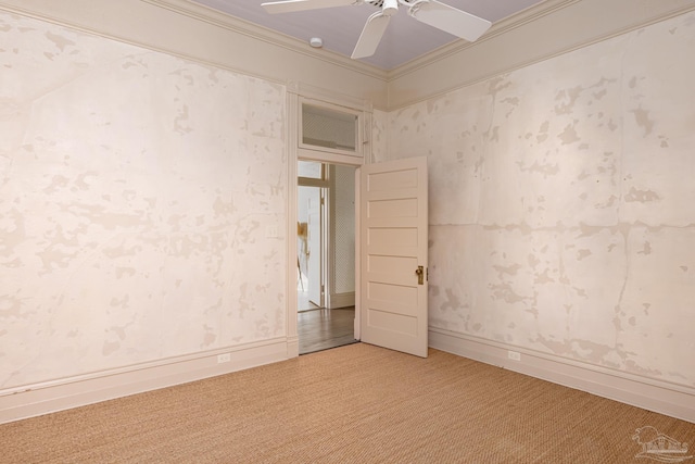 carpeted empty room with ceiling fan and ornamental molding