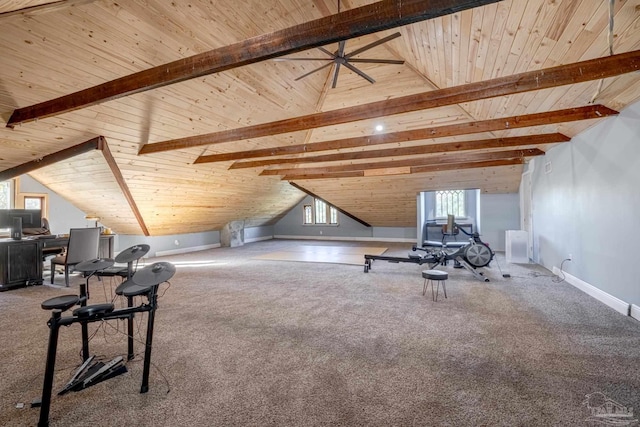 bonus room featuring carpet flooring, lofted ceiling with beams, and wooden ceiling