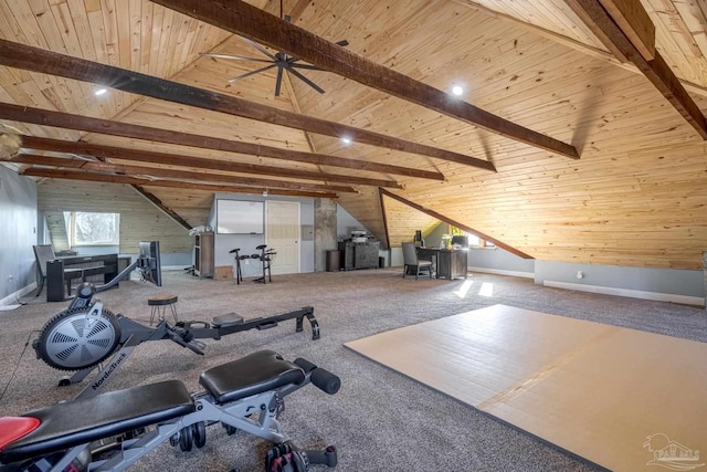 exercise room featuring carpet, wood walls, wooden ceiling, and vaulted ceiling