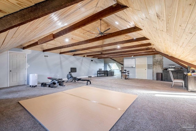 interior space with carpet flooring, vaulted ceiling with beams, ceiling fan, and wood ceiling