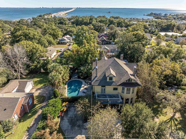 drone / aerial view with a water view