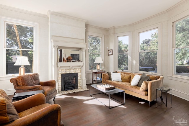 living room with a tile fireplace, ornamental molding, and dark wood-type flooring