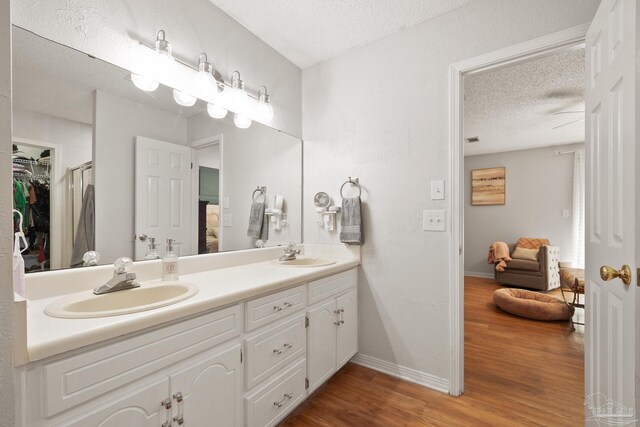 bathroom with a textured ceiling, a walk in closet, a sink, and wood finished floors