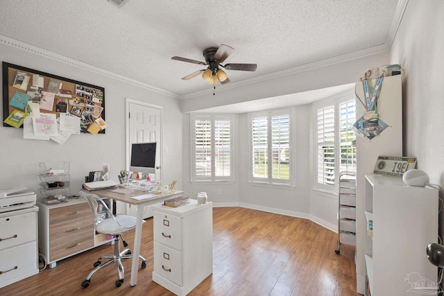 office with ceiling fan, ornamental molding, a textured ceiling, and light wood-style floors