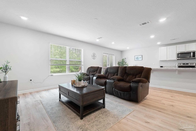 living room featuring a textured ceiling, light hardwood / wood-style flooring, and a wealth of natural light