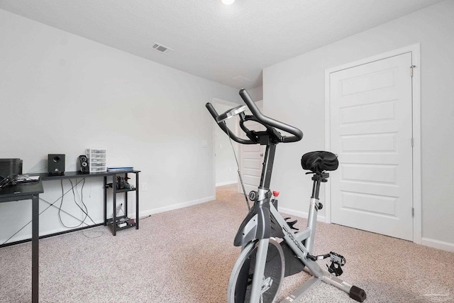 exercise room featuring a textured ceiling and carpet floors