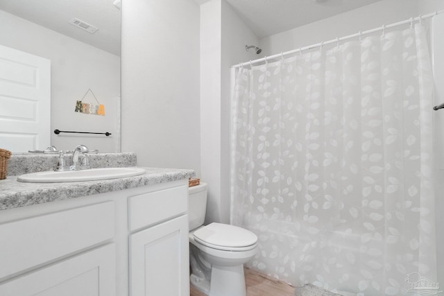 bathroom featuring toilet, vanity, a textured ceiling, and hardwood / wood-style flooring