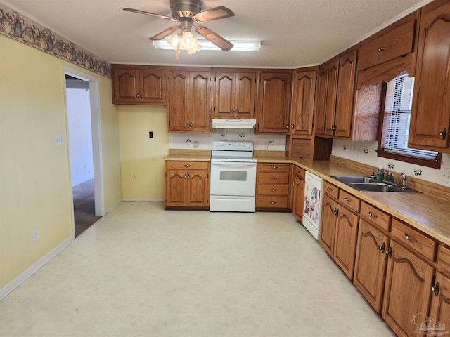 kitchen with sink, white appliances, a textured ceiling, and ceiling fan