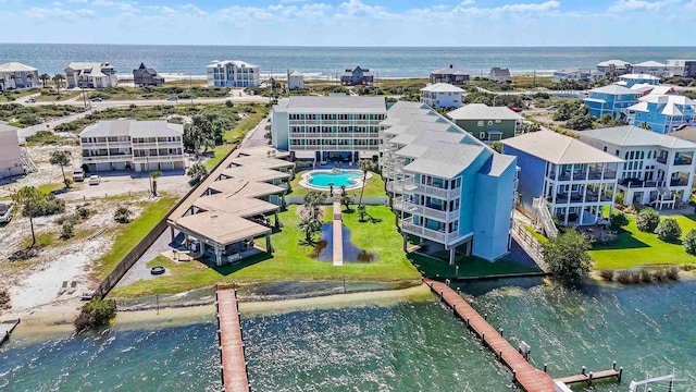 aerial view featuring a water view