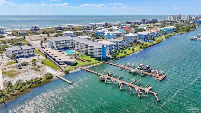 drone / aerial view with a water view