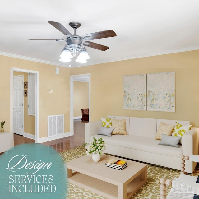 living area featuring visible vents, baseboards, ornamental molding, wood finished floors, and a ceiling fan