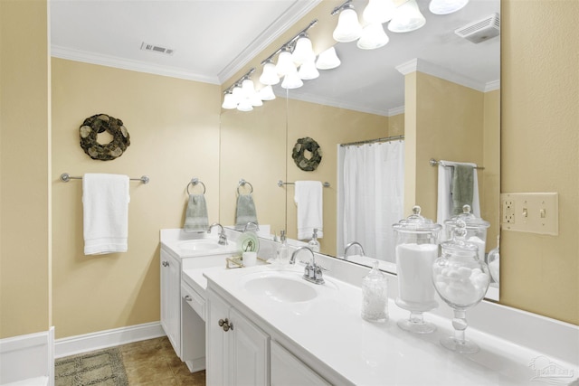 full bath with vanity, ornamental molding, baseboards, and visible vents