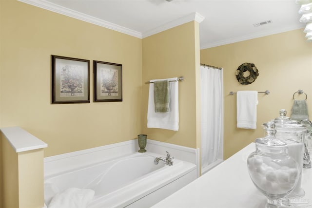 full bathroom featuring a bath, ornamental molding, visible vents, and a shower with shower curtain