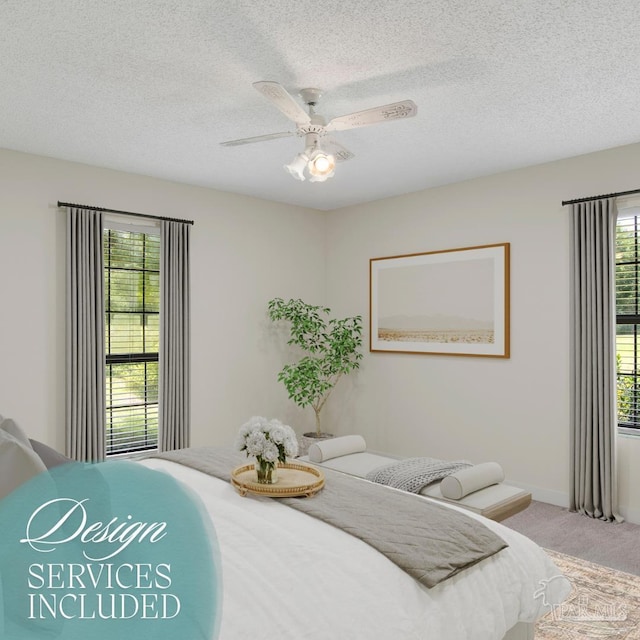 bedroom with a textured ceiling, carpet floors, ceiling fan, and baseboards