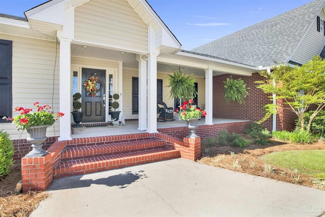 entrance to property with a shingled roof and covered porch