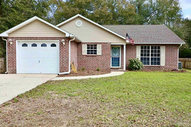 ranch-style house featuring a front lawn, brick siding, concrete driveway, and an attached garage