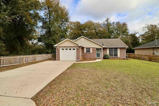 single story home featuring a front yard, fence, concrete driveway, a garage, and brick siding