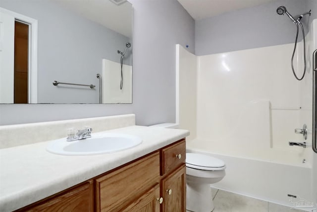 bathroom with vanity, bathing tub / shower combination, toilet, and tile patterned flooring