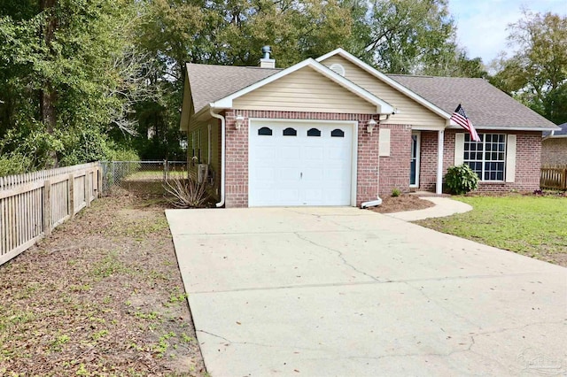 ranch-style home with brick siding, concrete driveway, a garage, and fence