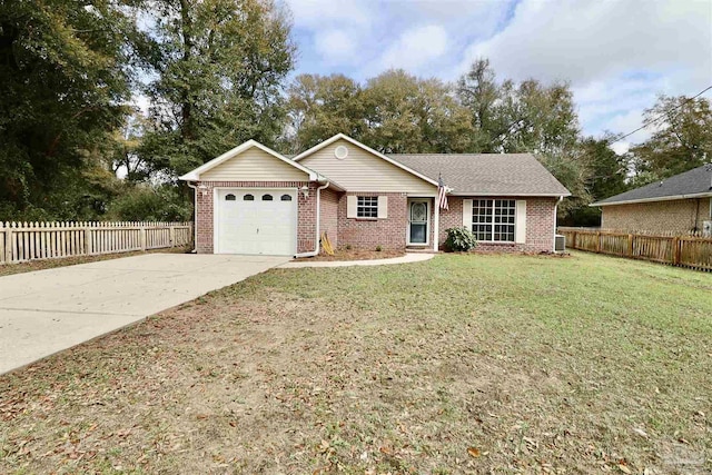 ranch-style home featuring driveway, fence, a front yard, a garage, and brick siding