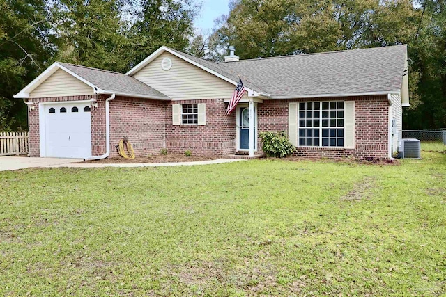 single story home featuring fence, roof with shingles, a front lawn, a garage, and brick siding