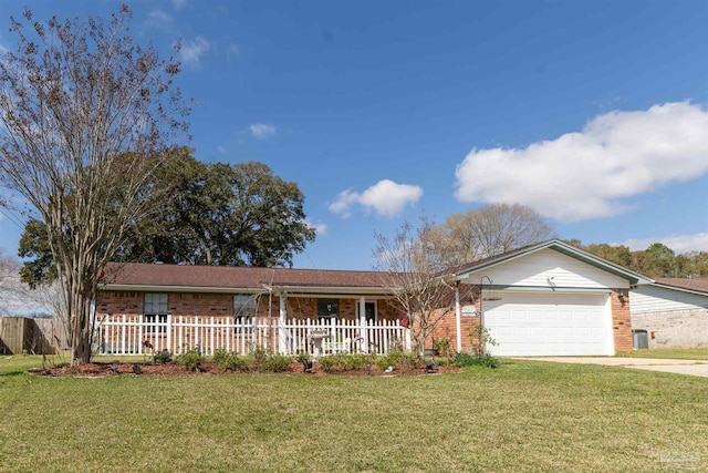 ranch-style house featuring concrete driveway, a front yard, brick siding, a porch, and a garage