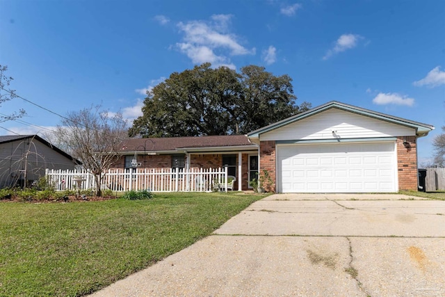 ranch-style house featuring concrete driveway, an attached garage, fence, and brick siding