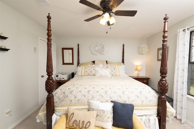 bedroom with visible vents, light colored carpet, a ceiling fan, and baseboards