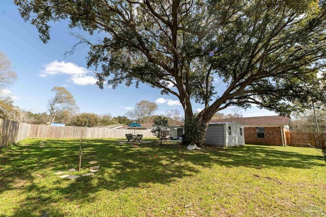 view of yard with an outbuilding and a fenced backyard