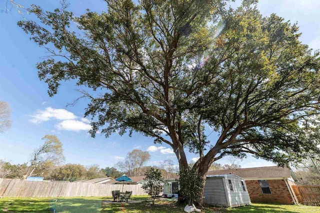 view of yard with an outbuilding, a storage shed, and a fenced backyard