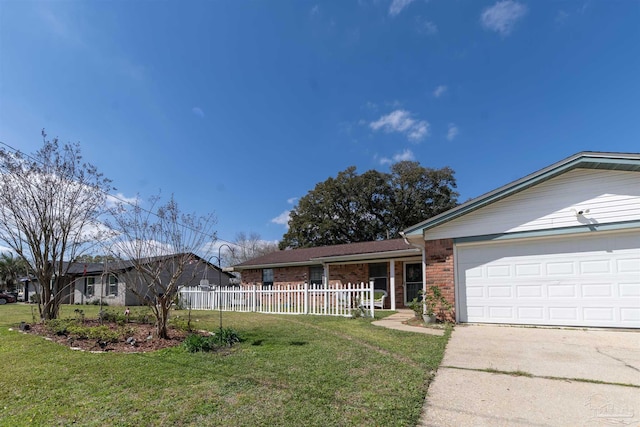 ranch-style house with brick siding, an attached garage, a front lawn, fence, and driveway