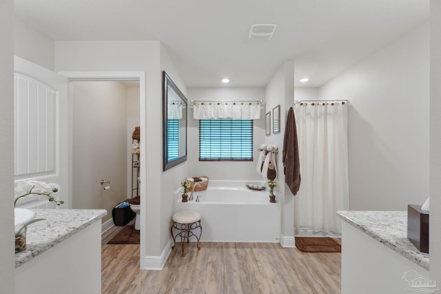 bathroom featuring a bathtub, vanity, and hardwood / wood-style floors