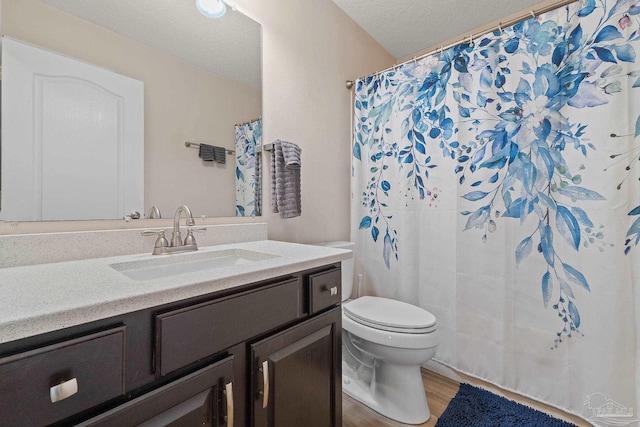 bathroom with wood-type flooring, a textured ceiling, toilet, and vanity