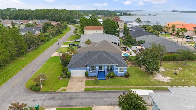 drone / aerial view featuring a water view