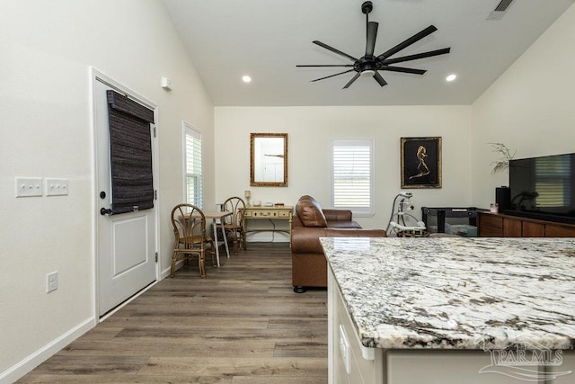 kitchen featuring ceiling fan, vaulted ceiling, light wood finished floors, and plenty of natural light