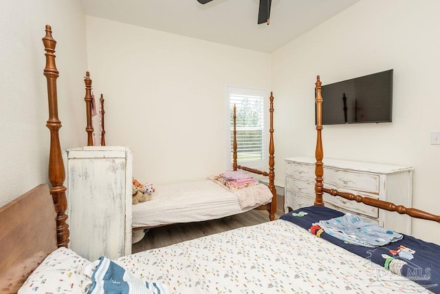 bedroom with wood finished floors and a ceiling fan