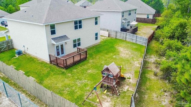 8626 Bucklebury Dr, Pensacola, FL 32507 - rear view of house with central AC unit, a deck, a shingled roof, french doors, and a fenced backyard